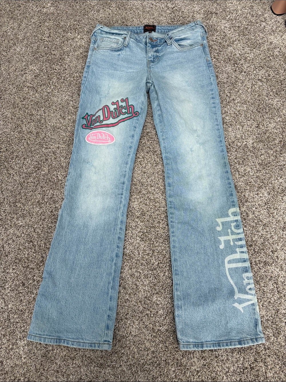 Von Dutch Light Blue Flared Jeans with Pink & Teal Logo Details